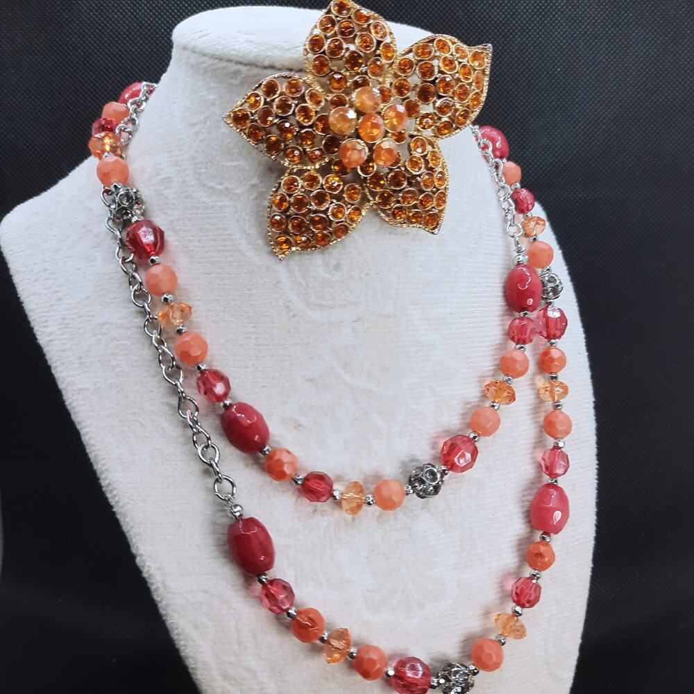 Vintage Coral Beaded Statement Necklace and Orange Rhinestone Flower Brooch Set